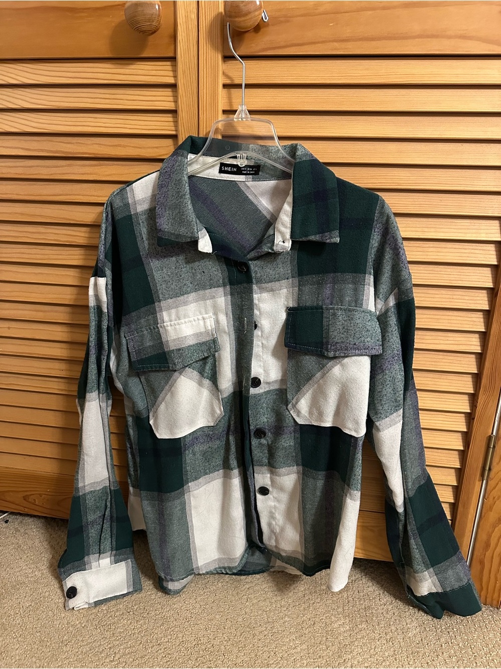 SHEIN Green and White Plaid Button-Down Shirt Jacket